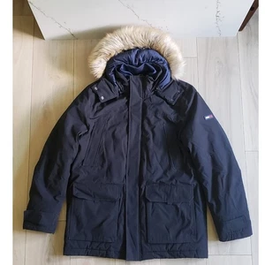 Tommy Hilfiger Parka Mens XL Navy Blue Faux Fur Hooded Winter Coat Padded Jacket - Picture 1 of 6