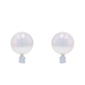 White Gold Diamond Cultured Freshwater Pearl Stud Earrings 14k Round Pierced - Picture 1 of 6