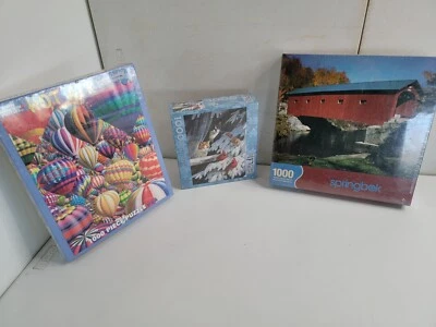 Jigsaw Puzzle Bundle of (3) 1000 Piece Sealed Puzzles Cat Air Balloon Red Bridge - Image 1 of 4
