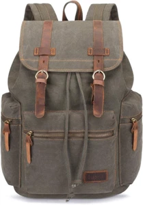 Vintage Backpack Leather Trim Casual Bookbag Men Women Laptop Travel Rucksack - Picture 1 of 12