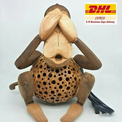 Lamp Shade Table Lamp Monkey Sit & Blindfolded Night Light Hand Carved DHL Ship - Image 1 of 4