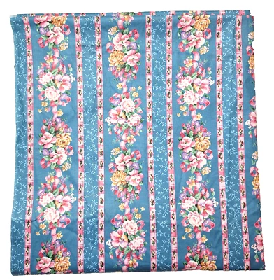 Shabby Pink Rose Ribbon Stripe Blue Fabric Cotton Sheen 32x91 Cottagecore Floral - Image 1 of 4