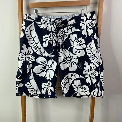Tommy Hilfiger Board Shorts Mens Medium Navy Blue White Floral Mesh Lined - Image 1 of 4