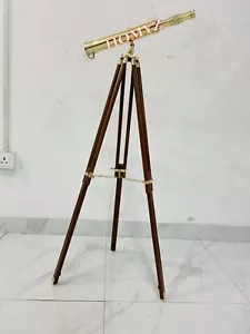 Designer Brass Telescope W/Wooden Tripod Floor Standing Telescopic Home Decor - Picture 1 of 3
