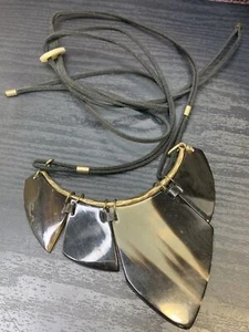 Pendant Necklace  Bohemian Cow horn Black  Leather Adjustable Chain 14-40” - Picture 1 of 12