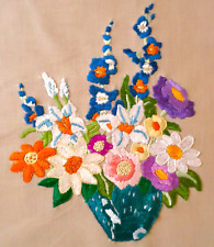 VINTAGE Picture FLOWER VASE Hand Embroidered FLORAL Exquisite Stitchwork