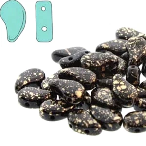 Paisley Duo, JET GOLD SPLASH, vidrio checo, 2 agujeros, 8x5 mm, 10 gramos, (pas35) - Imagen 1 de 1