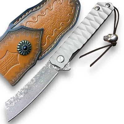 Faca dobrável Full Tc4 Titanium EDC! Lâmina de aço Damasco! Pivô de rolamento de esferas - Imagem 1 de 4