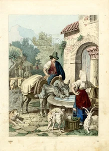 1865 BUCH DER WELT HC LITHOGRAPHIE Landleben in Italien - Wasser & Wein - Bild 1 von 2