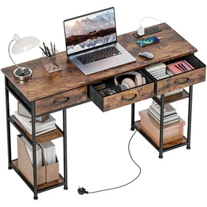HOMCOM Computer Writing Desk with Power Outlets, Drawers, Shelves, Brown - Picture 1 of 11