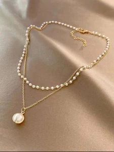 Reino Unido Moda Joyería Mujeres Perla Doble Capa Cadena Cuentas de Oro Colgante Collar *** - Imagen 1 de 7