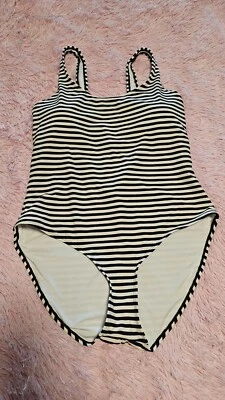 Joe Fresh Women's Black/White Nylon Striped Scoop Neck One-Piece Swimsuit Size L — 第 1/4 张图片