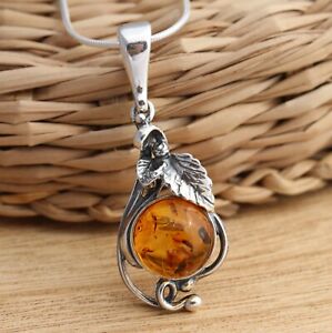 Natural Baltic Amber Stylish Pendant 925 Sterling Silver Amber Necklace Gift Box