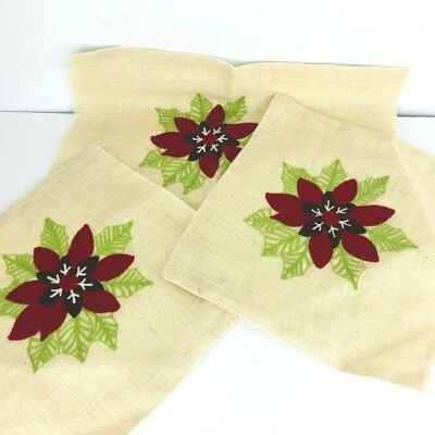 Unfinished Burlap Embroidered Christmas Poinsettia Pillow Cover Set of 3 - Image 1 of 4
