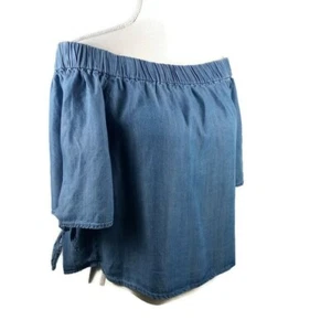 Denim Off Shoulder Peasant Top Small Blue Short Tied Keyhole Sleeves Crop Top - Picture 1 of 13