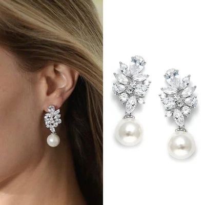 Luxury Jewelry with Crystal Flower Elegant Pearl Drop Earrings UK Christmas Gift - Image 1 of 4