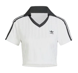 adidas Women's Adicolor Football Jacquard V-Neck Crop Polo Shirt White JD2608 j - Picture 1 of 5
