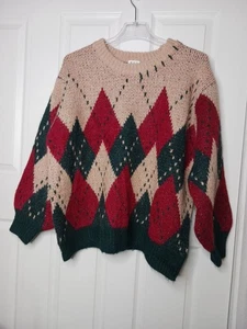 POL OVERSIZE Otoño Navidad Rojo Verde Argyle Diamante Tejido Suéter Cuello Redondo - Imagen 1 de 9