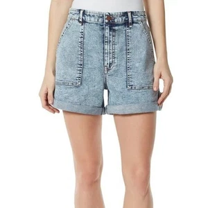 Ausgefranste Damen blau Acid Wash Baumwolle Denim lässig hoher Bund A-Linie Shorts Gr. 28 - Bild 1 von 6