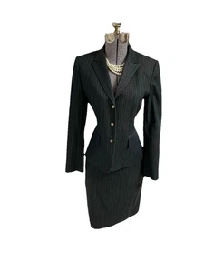 Tahari ASL Skirt Suit Size 6 Two Piece Set Black White Blue Pinstripe Pockets - Picture 1 of 24