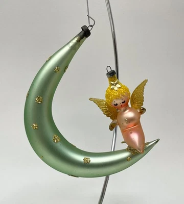 Vtg MCM De Carlini ? Angel Sitting on Crescent Moon Hand Blown Ornament Italy F - Image 1 of 4