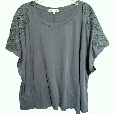 C&C California Lacy Tee Womens 3X Green Crochet Lace Shoulder & Sleeve Boho Top - Image 1 of 4