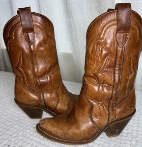 Stivali da cowboy western in pelle made in Brazil marca Distress Tan 6,5 B VINTAGE - Foto 1 di 11