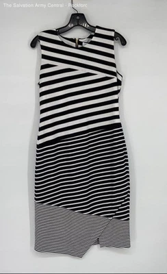 Calvin Klein Womens Black White Striped Round Neck Sleeveless Sheath Dress Sz 6 - Image 1 of 4