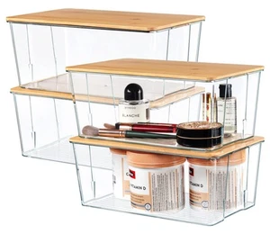 4 Pack Clear Plastic Storage Bins with Bamboo Lids, Stackable Storage Contain... - Picture 1 of 6
