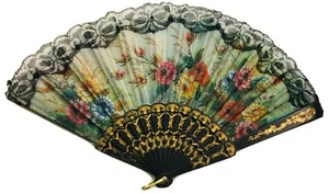 Vintage Spanish Lady Folding Fan Plastic & Cloth Beautiful Flowers Black & Gold - Picture 1 of 4