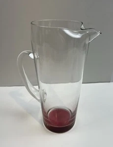 Vintage Clear Glass Martini Cocktail Punch Pitcher w/ Handle Pink Red Bottom Bar - Picture 1 of 8