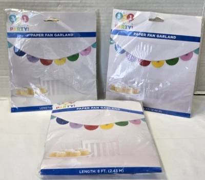 LOTE DE 3 Guirnalda de Abanico de Papel-8 Pies de Largo Cumpleaños Luau Fiesta por 321 Fiesta NUEVO Foto 1 de 4
