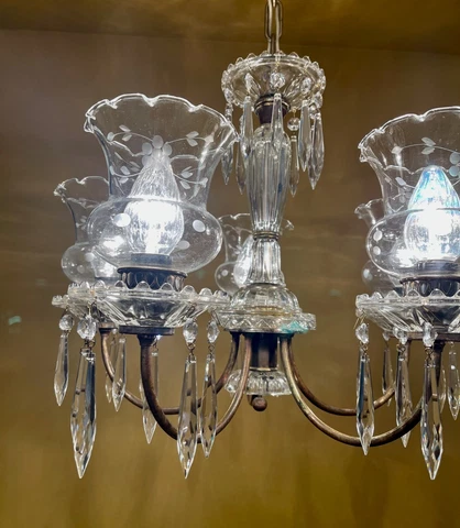 Vintage Light 1940s crystal chandelier. Wheel cut glass shades. REWIRED! Cover
