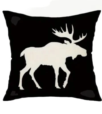 Black Moose Rustic Hunting Cabin Lodge Linen Throw Pillow Cover Home Decor 18” - Image 1 of 3