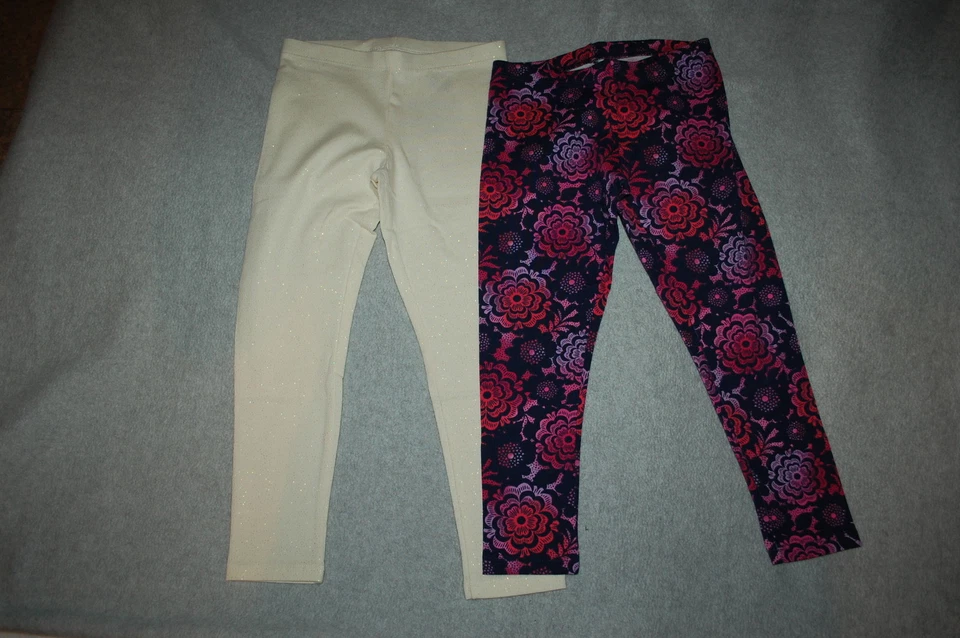 Girls 2 LOT LEGGINGS Cream w/ Gold Sparkles NAVY BLUE Purple Red Flowers XS 4-5 - Imagem 1 de 1