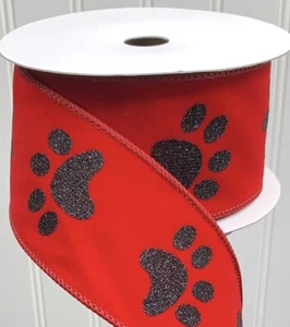 RED VELVET Black Glitter Pet Paws Paw Print Pawprint 2.5" Wired Ribbon by Yard - Picture 1 of 2