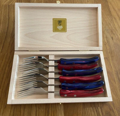 Laguiole 6er Gabel Set von Claude Dozorme Acryl blau / rot - Bild 1 von 2
