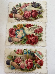 3 Victorian Hidden Name Sample Calling Cards Roses Lady Hands Doves violets