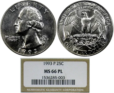 1993-P 25C NGC MS66PL WASHINGTON ~ RARE POP 5/7 PROOFLIKE! - Image 1 of 4