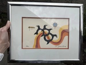 Jackson Beardy signierte beflockte Serigrafie Kunst Vogel Harmonie 11x14" matter Rahmen Vintage - Bild 1 von 9