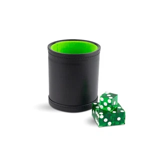 Taza de dados de cuero con forro de fieltro verde y 5 dados de casino verdes - Imagen 1 de 2