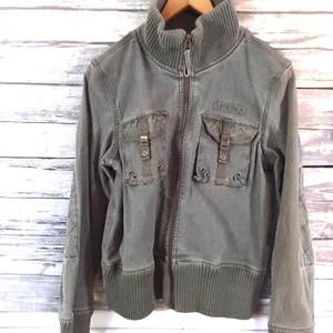 Tommy Jeans Bomber Jacket Size XL Army Green Denim Pockets Moto Zip Y2K Gorpcore - Picture 1 of 13