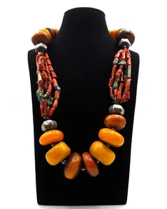 Ancien Collier de mariage berbère ambre argent corail turquoise Afrique du Nord  - Imagen 1 de 12