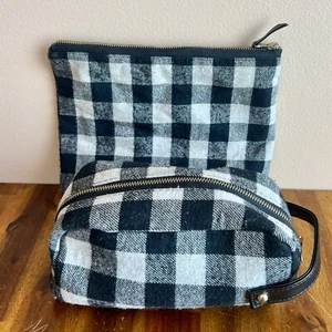 Set of 2 Travel Cosmetic Toiletries Bags Plaid Flannel Black Gray Gold Accents - Picture 1 of 5