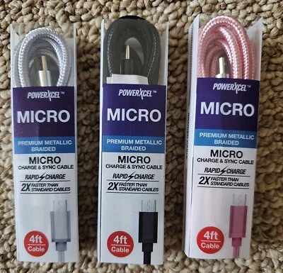 3 PCK PowerXcel BRAIDED 4ft Micro USB Cable FAST Charger Cord Rapid Charge Sync - Image 1 of 4