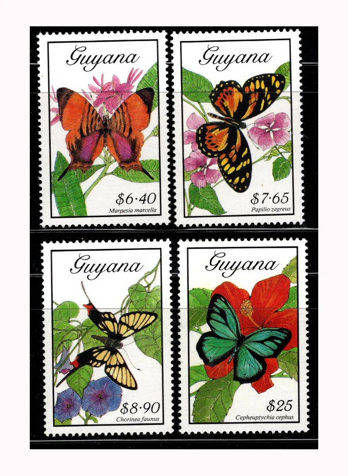 Guyana, Sc #2211-14, MNH, 1989, mariposas, flores, fauna Foto 1 de 1
