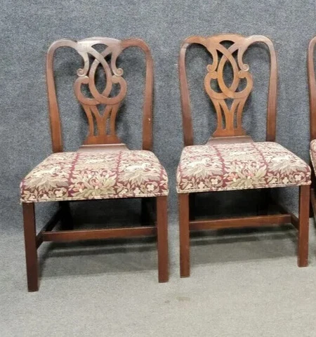 Pair of Kittinger Mahogany Chippendale Dining Chairs Unicorn Tapestry Fabric Cover