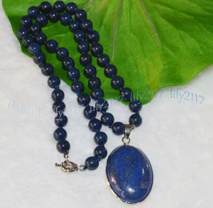 Natural Blue Egyptian Lapis Lazuli Gemstone Round Beads Oval Pendant Necklace - Picture 1 of 8