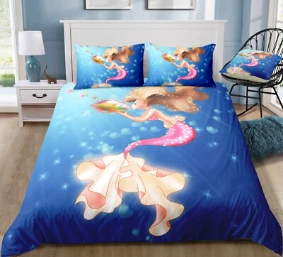 3D Meerjungfrau Muschel Cartoon Kinder Quilt Cover Set Bettwäsche Sets Kissen... - Bild 1 von 4