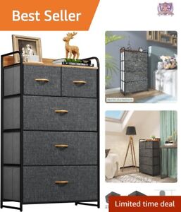 Dark Grey Fabric Dresser - 5-Drawer Reliable Storage Tower - Large Capacity